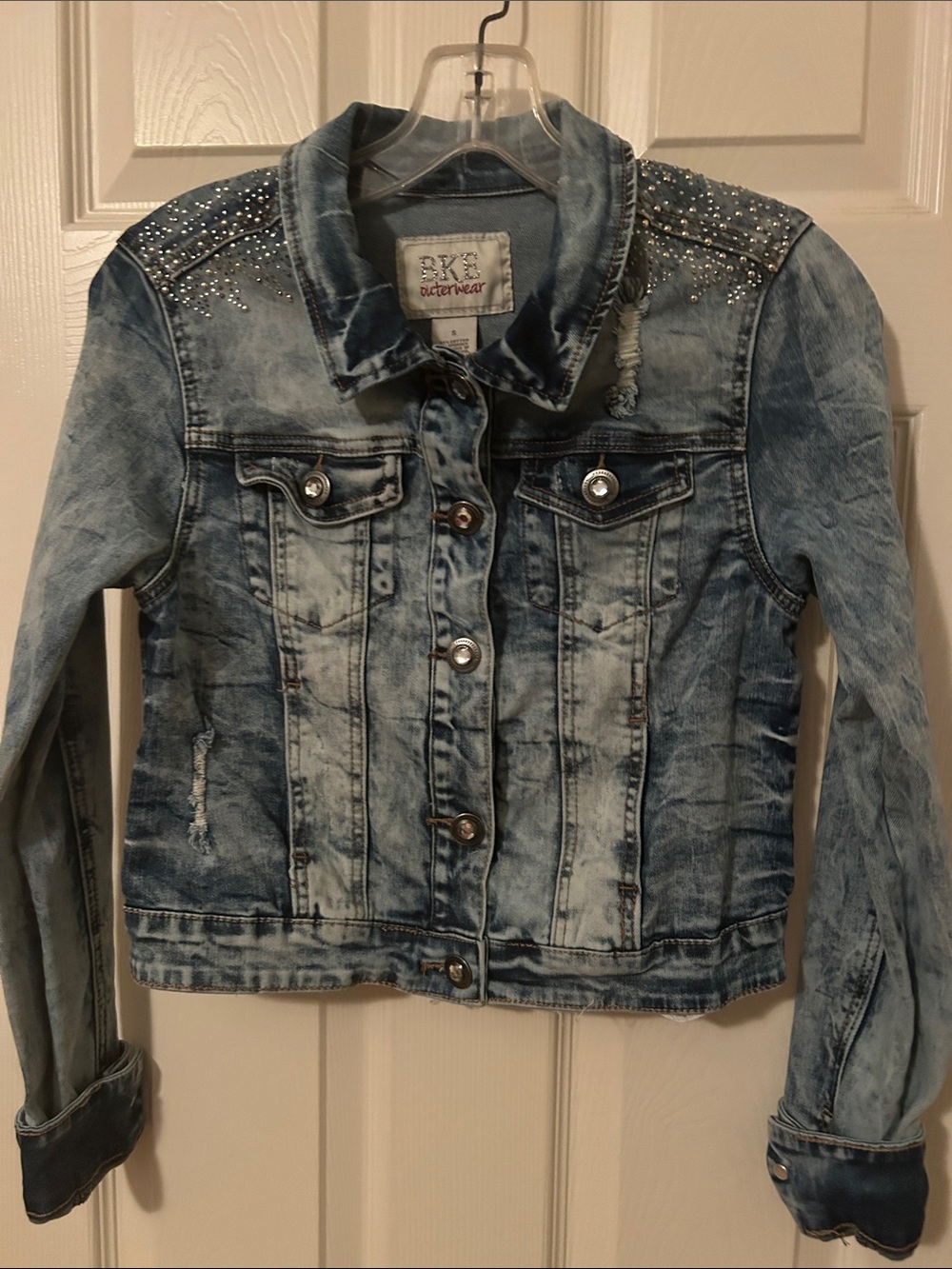 BKE Light Blue Distressed Denim Jacket with Studded Shoulders